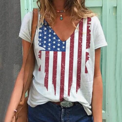Summer Women T-Shirt New Short Sleeve American Flag Print Tops T-shirts Casual V-Neck Loose Tee Plus Size Female Pullover Top