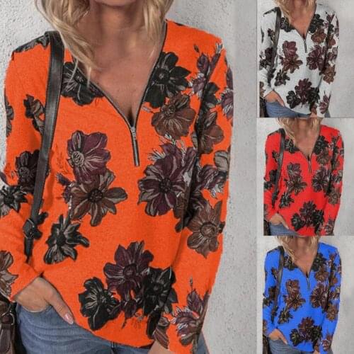 Lady Casual Floral Print Zipper T-shirt Autumn Tunic Top Long Sleeve for Dating