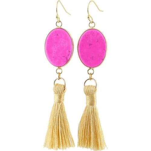 TUMBEELLUWA Oval Fuchsia Howlite Stone with Tassel Dangle Hook Earrings for Women