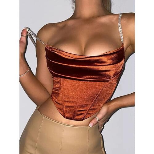 Tossy Crystal Diamond Spaghetti Strap Women Corset Top Sexy Party Clubwear Backless Camis Bodycon Top Female New Satin Fashion