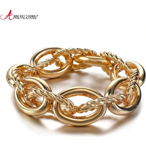 Amorcome Gold Color Chunky Chain Bracelet Simple Boho Heavy Party Night Club Bracelets for Women Statement Jewelry