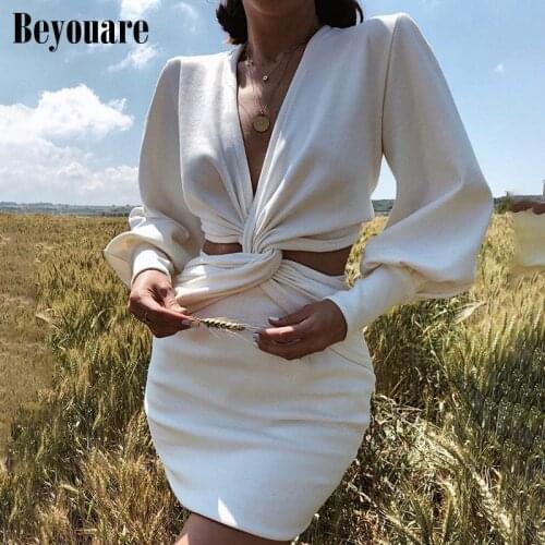 Beyouare Elegant Women Dress Sexy Hollow Out V Neck Ruched Long Sleeve Black White Slim Mini Dresses 2021 Autumn Korean Fashion