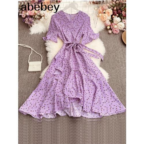 2021 New Spring Summer French dress femininity V-neck lace up slim irregular flounce floral A-line Dress