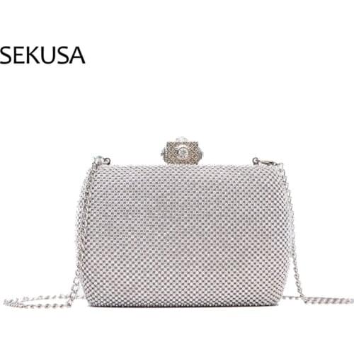 Gold Silver Black Rhinestones Party Handbags Chain Shoulder Handbags Purse Diamonds Flap Design Purse