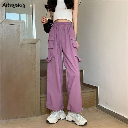 Cargo Pants Women Full Length Trousers Baggy Pockets Pure Leisure Teenagers Spring Mujer Purple Joggers Daily Streetwear Ulzzang