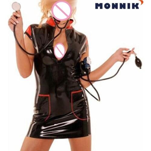 MONNIK latexBlack Latex Women Dress Short Sleeve Rubber Party Dresses Gummi 0.4mm Pary Wear