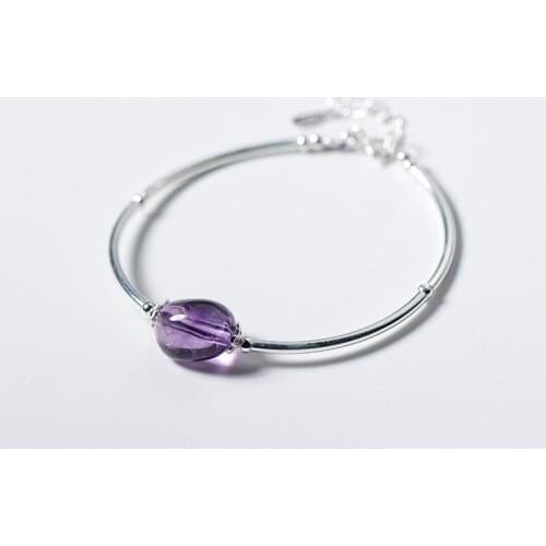 Length,15cm-17.5cm)100% Real. 925 Sterling Silver Fine Jewelry natural Amethyst Stone Bangle Cuff Bracelet Beads Charms GTLS493