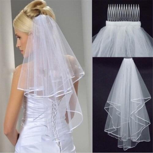 60*80cm Short Simple Women Veil With Comb Wedding Tulle White Ivory Two Layers Bridal Veils Ribbon Edge Cheap Bride Accessories