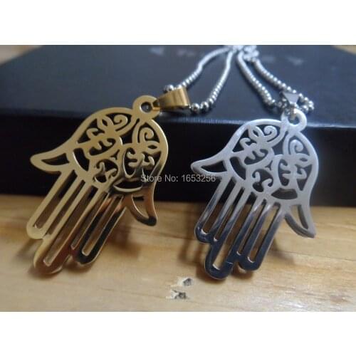 Hot selling Gold Stainless steel Open Hamsa Hand Pendant Necklace Charm Good Luck For Family / Friends Gifts