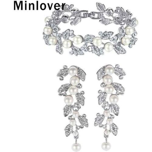 Minlover Silver Color Leaves Crystal Earrings Bracelet Bridal Jewelry Sets for Women Simulated Pearl Wedding Jewelry SL089+EH604