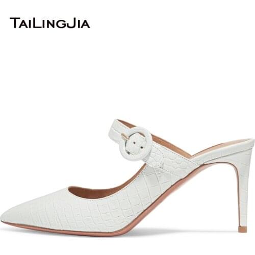 Pointed Toe High Heel Mules Women White Crocodile Pattern Pumps Wedding Dress Shoes Elegant Ladies Summer Heels Large Size 2018