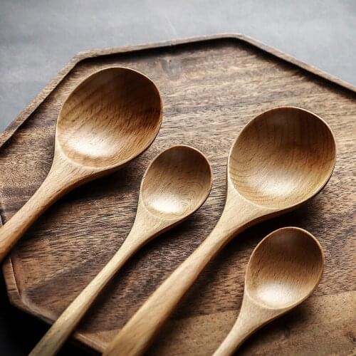 Natural Wood Grain Japanese Style Soup Spoons Long Handle Tableware Wooden Spoon Teaspoon Durable Kitchen Dinnerware