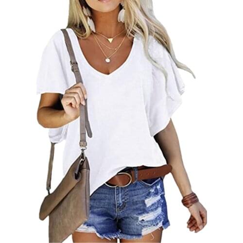 New Summer Solid T Shirt Ladies Sexy V Neck Short Sleeve Tshirt Casual Loose Basic Black White T-Shirt Tee Tops for Women S-3XL