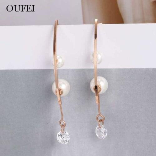 OUFEI Stainless Steel Jewelry Woman Rose Gold Pearl Drop Earrings For Women Hanging Earrings 2019 Fashion Jewelry Accessories
