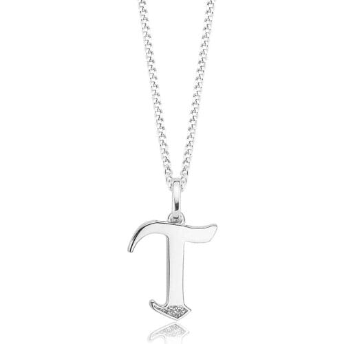 Valori Jewels Letter T, Zirconia White Gemstone, Rhodium Plated, Sterling Silver Charm Necklace