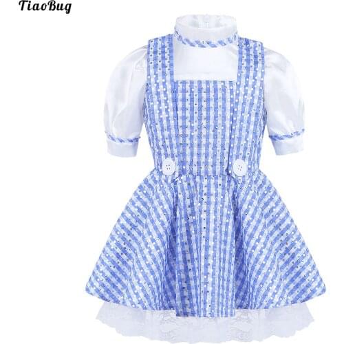 TiaoBug Blue Kids Girls Short Sleeves Polka Dots Plaid Dress Halloween Cosplay Party Photography Holiday Costume