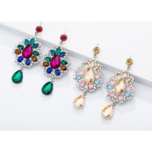 PPG&PGG Colorful Flower Pendants Earrings for Women Fashion Geometric Crystal Women Earring Rhinestone Wedding Jewelry