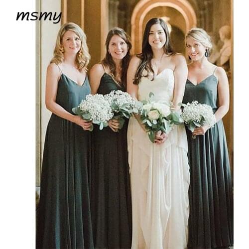 Simple A-Line V-Neck Chiffion Bridesmaid Dresses Sleeveless Spaghetti Straps Cheap Long Bridesmaid Dresses Custom Made