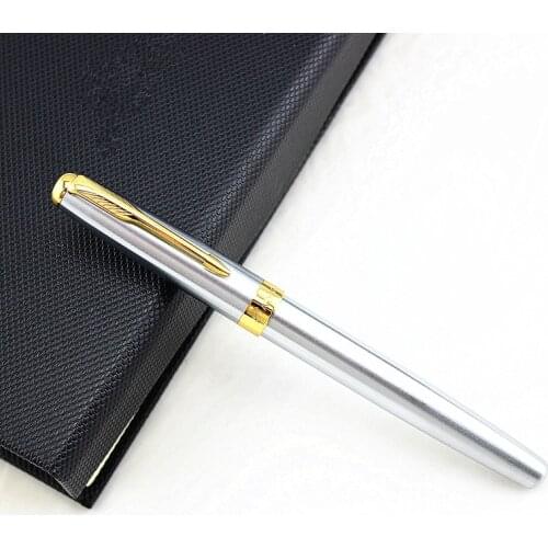 Baoer 388 Steel Fude Calligraphy Fountain Pen Bent Nib , Pure Silver Color Writing Gift Pen for Painting / Office / Home