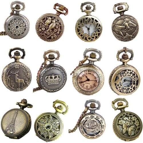 Vintage Pocket Small Watch Bronze Color Quartz Watch Cool Chain Hollow Flower Cover Watches LXH