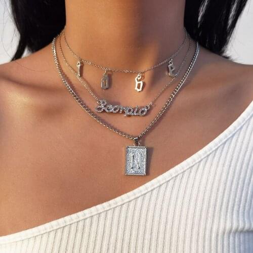 Vintage Temperament Rhinestone Letters Square Pendant Necklace Women Multilayer Geometric Clavicle Necklace Pendants Jewelry
