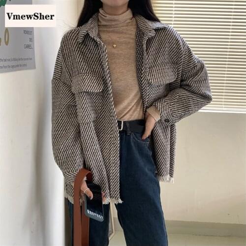 VmewSher Striped Lapel Shirt Jacket Single-breasted Women Autumn New Vintage Tassel Loose Long Sleeve Casual Streetwear Outwear