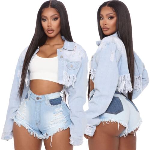2021 sexy water mill denim jacket female ripped long-sleeved retro denim jacket autumn high street short denim jacket