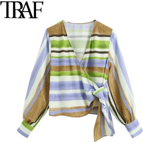 TRAF Women Fashion Crossover Striped Wrap Cropped Blouses Vintage Long Sleeve Side Bow Tied Female Shirts Chic Tops