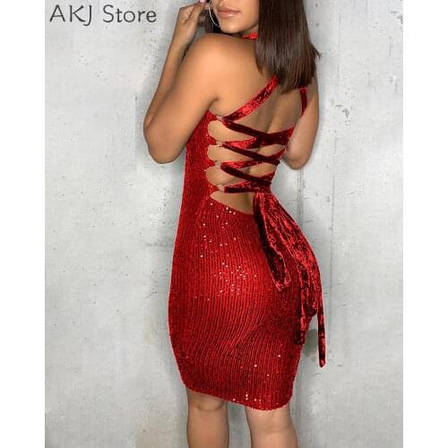 Women Sexy Spaghetti Strap Sequined Bandage Bodycon Dress Party Night Club Dresses