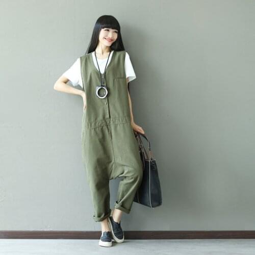 Women Loose Casual Green Cute Jumpsuits Ladies Button Overalls Female Rompers Solid Color Harem
