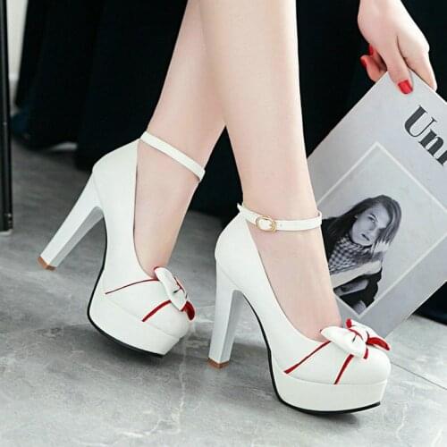 2021 New PU Leather Platform Square High Heel Women Pumps Sweet Butterfly Knot Women High Heel Shoes Black Pink White Beige