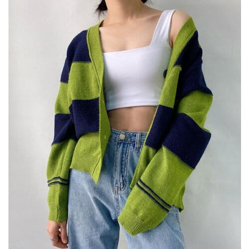 Fashion Fall Cardigan Color Block Sweater Adults Button-down Stripe Pattern Long Sleeve V-neck Knit Cardigan for Women 2021