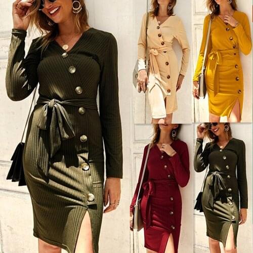 Winter Dress Women Sexy Party Office Clothes Bow Lace Up Button Knitting Cotton Solid Pencil Long Sleeve Empire V-Neck Pit Robe