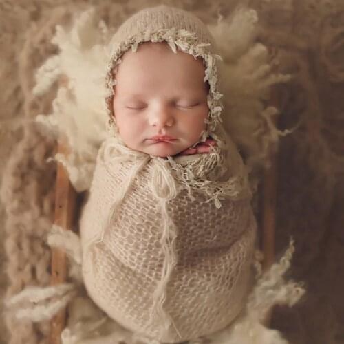 2 Pcs/set Lace Wrap with Hat Cute Stretch Soft Mohair Tassel Baby Blanket Clothing Suit Newborn Photography Props