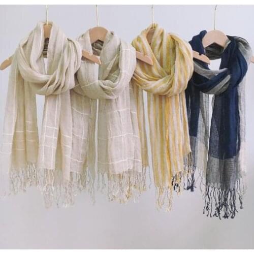 2021 Summer Pure Linen Scarf Striped Beach Sunscreen Linen Scarf Autumn And Winter Warm Big Tassel Scarves