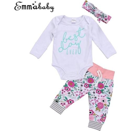 Causal Kid Cute Clothing Newborn Baby Girls Long Sleeve Tops Bodysuit Floral Print Pant 3Pcs Cute Baby Girls Outfits Set Clothes
