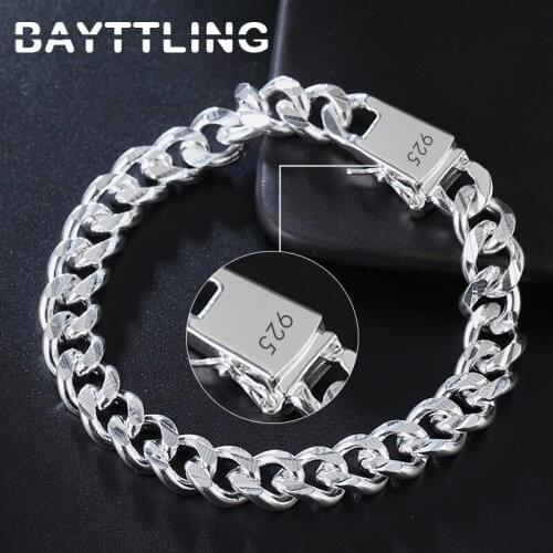 BAYTTLING 925 Sterling Silver New 8 inch Full Sideways Textured Fashion Bracelet For Men Women Wedding Jewelry Cuban Bracelet