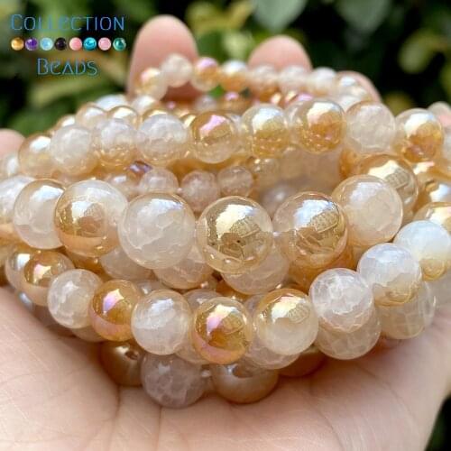 6/8/10mm Natural Stone Beads Champagne Gold Cracked Agates Round Spacer Loose Beads For Jewelry Making DIY Bracelets Accessories