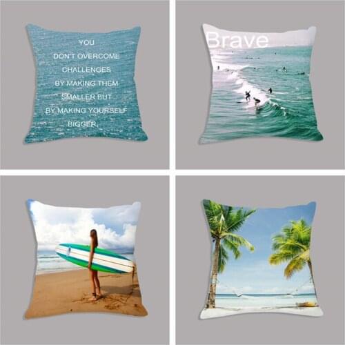 Decorative Cushion for Sofa, Ocean Beach Surfing Landscape Motivational Quote Printed Nordic Throw Pillow 45x45cm Seat Cushion