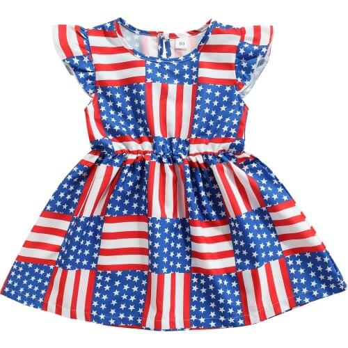 Kid Short Sleeve Dress, Independence Day Decoration American Flag Print Elastic Waist Summer Clothing