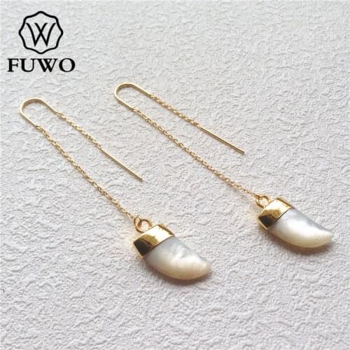 FUWO Natural Freshwater Pearl Threader Earrings With Gold Brass Plated Fashion Horn Shape Shell Jewelry For Women ER515