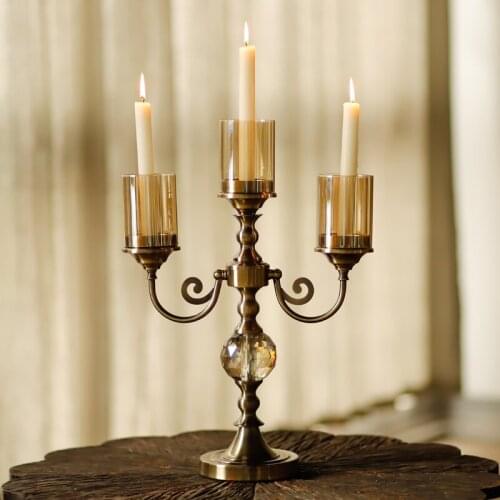 Classical candlestick retro metal glass 3-head candlestick model room retro living room porch home decoration candlestick