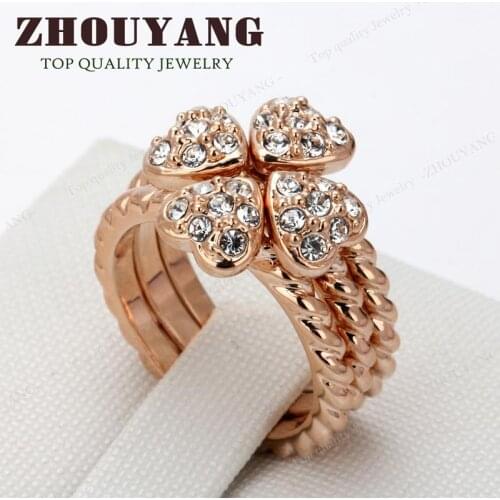 Heart Clover Leaf Set Of Rings For Women Rose Gold Color Wedding Ring Austrian Crystals Full Sizes Top Quality Elegant ZYR022
