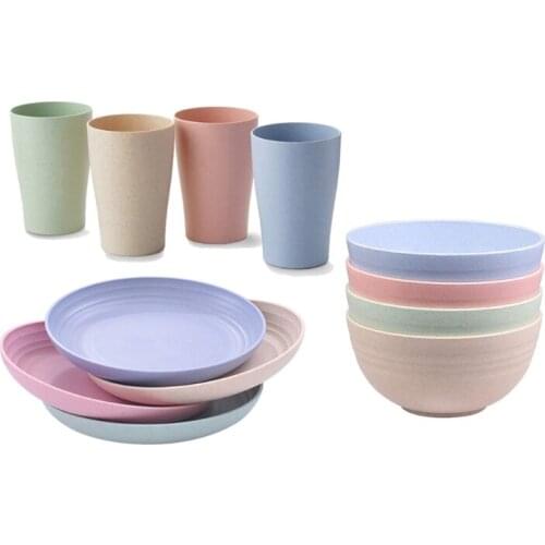 1 Set Wheat Straw Dinnerware Set Eco-Friendly Plate Bowl and Cup Sturdy and Lightweight Tableware for Children and Adult