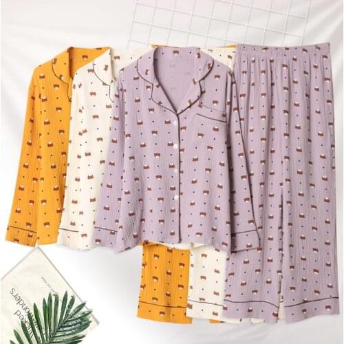 Set womens lapel, home simple and natural, can be worn outside spring and autumn womens home clothes loose cotton yarn bear pa