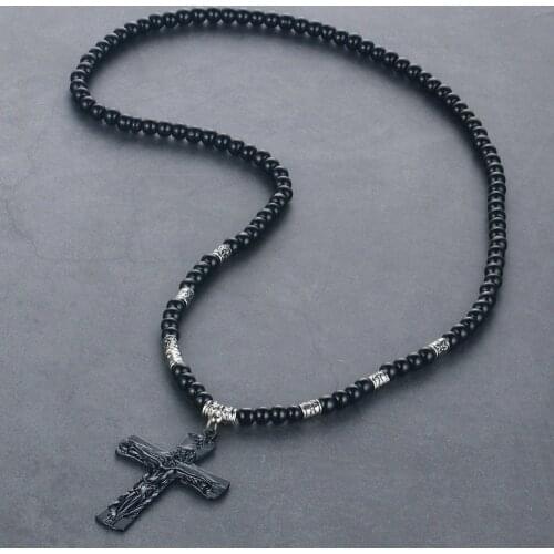 Religious Pendant Jewelry for Men Women Jesus Crucifix Leather Cord Necklace Vintage Hang Cross Beads Chain Necklace colar CN14