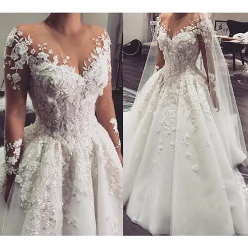 Luxury Arabic Ball Wedding Dress Princess Robe De Mariee 3d Flowers Beaded Appliques Wedding Gowns For Bride With Long Sleeves