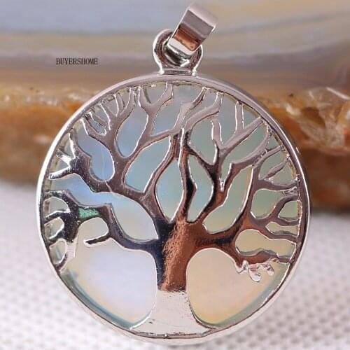 Silver Color Tree of life Round Necklace Pendant 25MM Natural Stone White Opal 1Pcs K423
