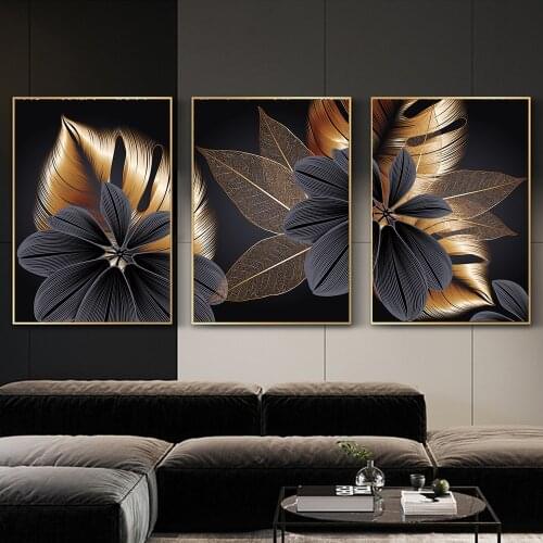 Black and Red Nordic Monstera Leaf Golden Plant Flowers Canvas Poster Paintings Luxurious Interior Print Abstract HD Art Picture