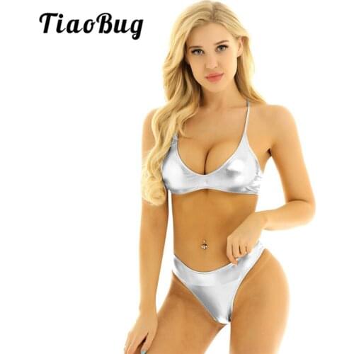 TiaoBug Women Shiny Metallic Hot Sexy Swimsuit Swimwear Strappy Cross Back Crop Top with Low Rise Briefs Bikini Set Bathing Suit